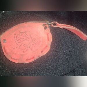 Vintage 1970s Mexican Tooled Leather Small Coin Purse, Red with Rose Design